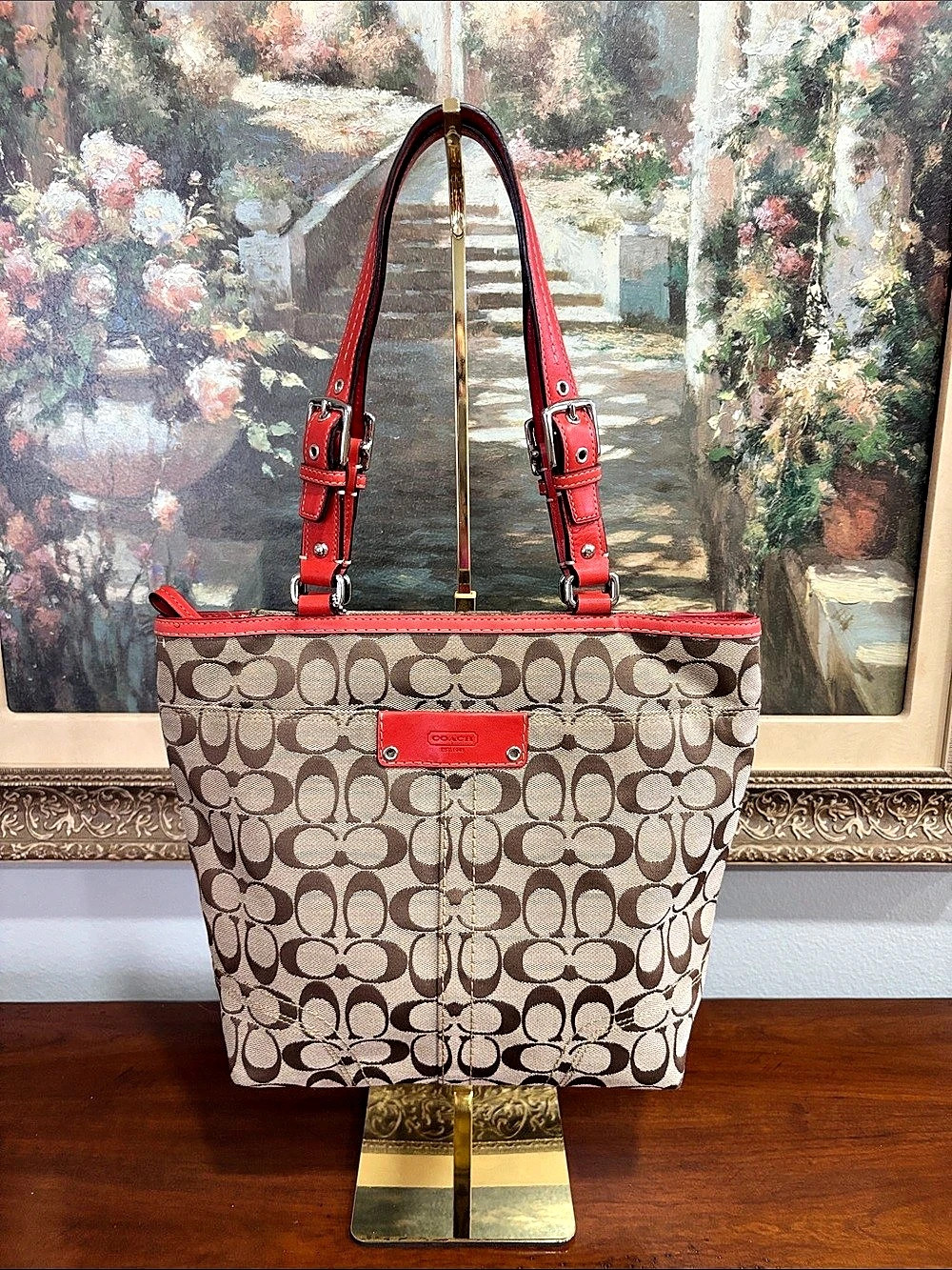 Coach Hamptons Signature Tote in Brown & Red